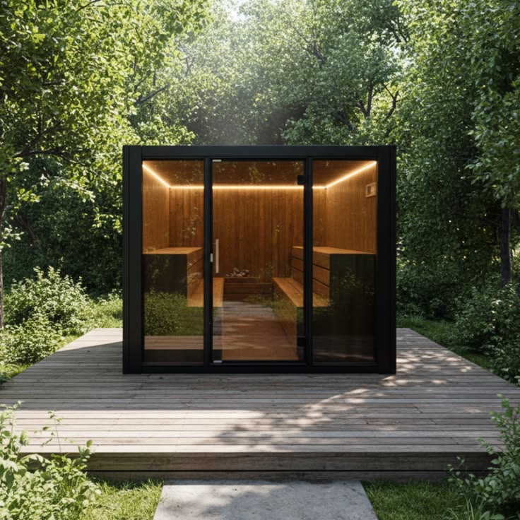 Black-clad glass-front cedar sauna cabin on a wood deck among trees