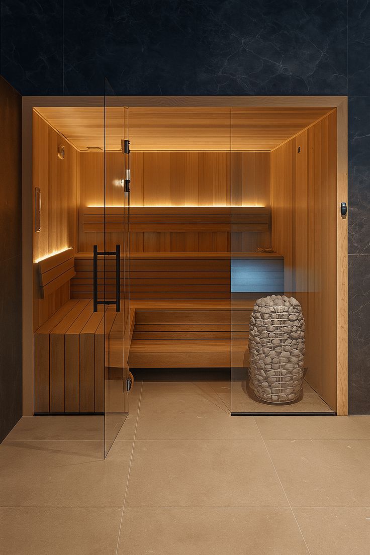 Glass-fronted cedar sauna set into a dark stone-tiled room with a stacked-stone heater