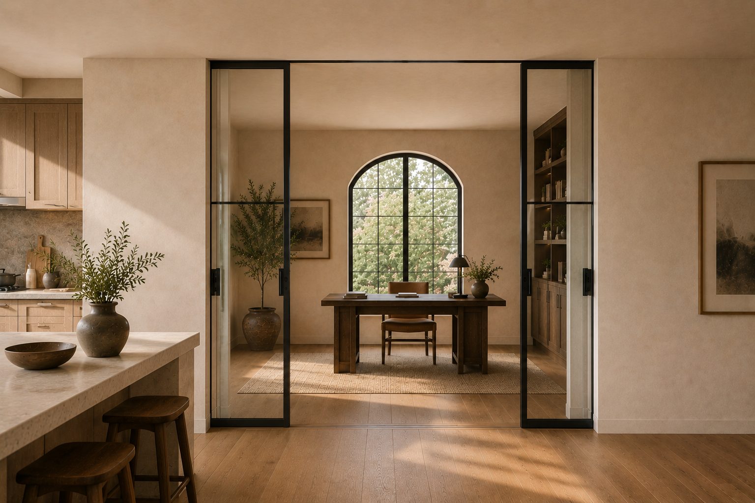 Warm interior with slim black-framed glass doors