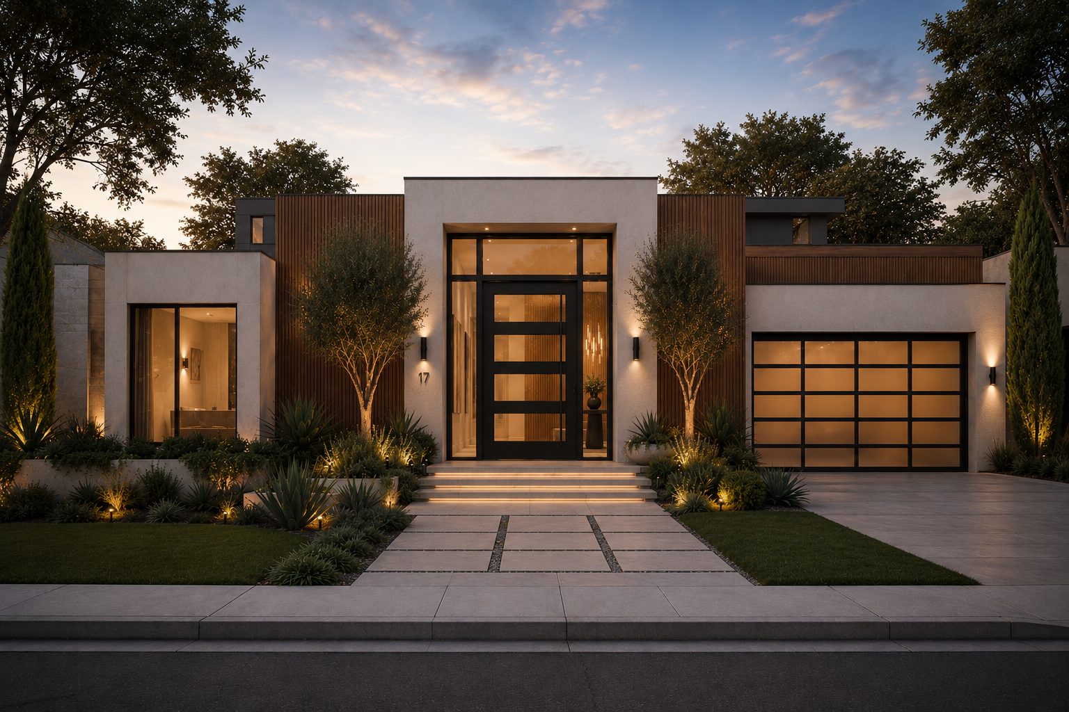 Modern home exterior at dusk