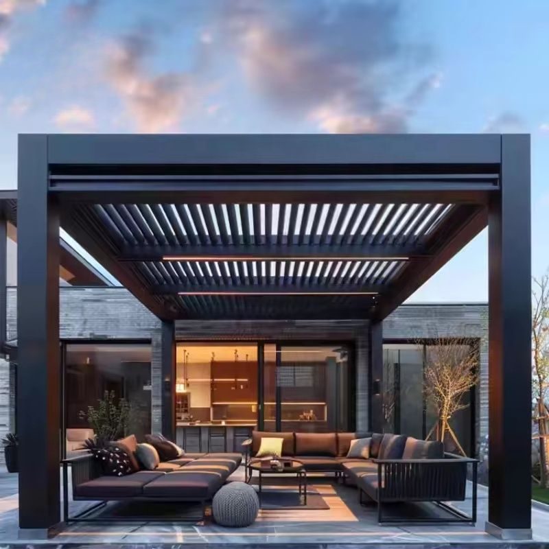 Black louvered aluminum pergola over a modern patio