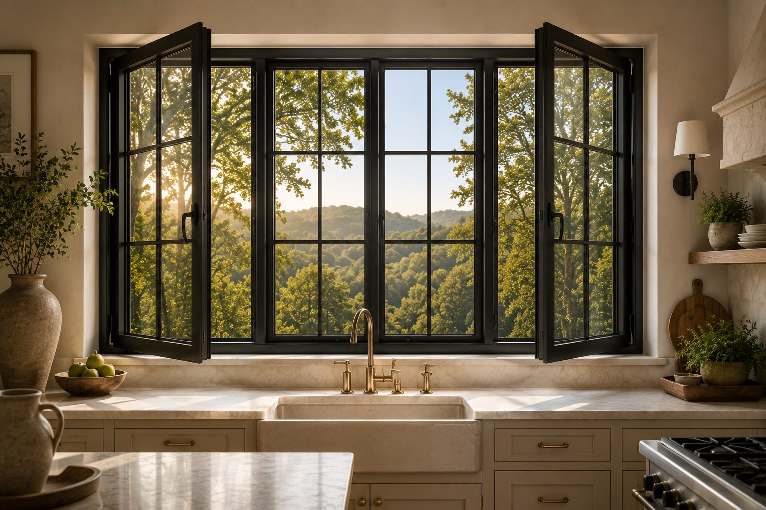 Slim-frame aluminum windows in a warm interior