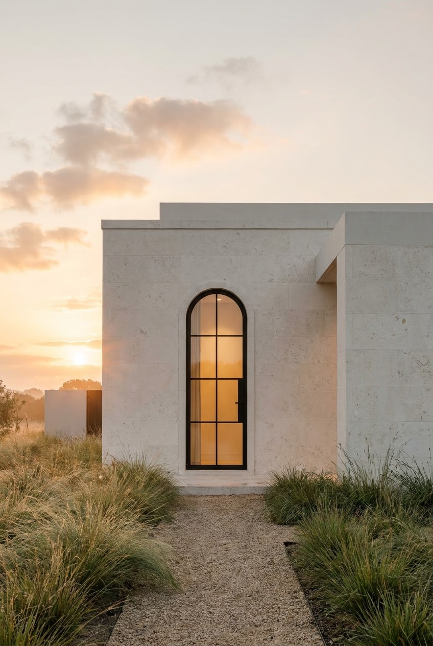 Limestone wall with slim aluminum arched entry door at sunset, grass garden in foreground. Reference rendering, pending project photography.