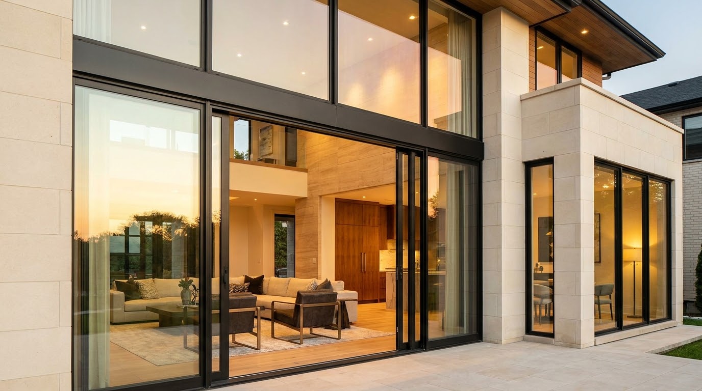 Floor-to-ceiling slim aluminum sliding door opening onto a stone-paved garden