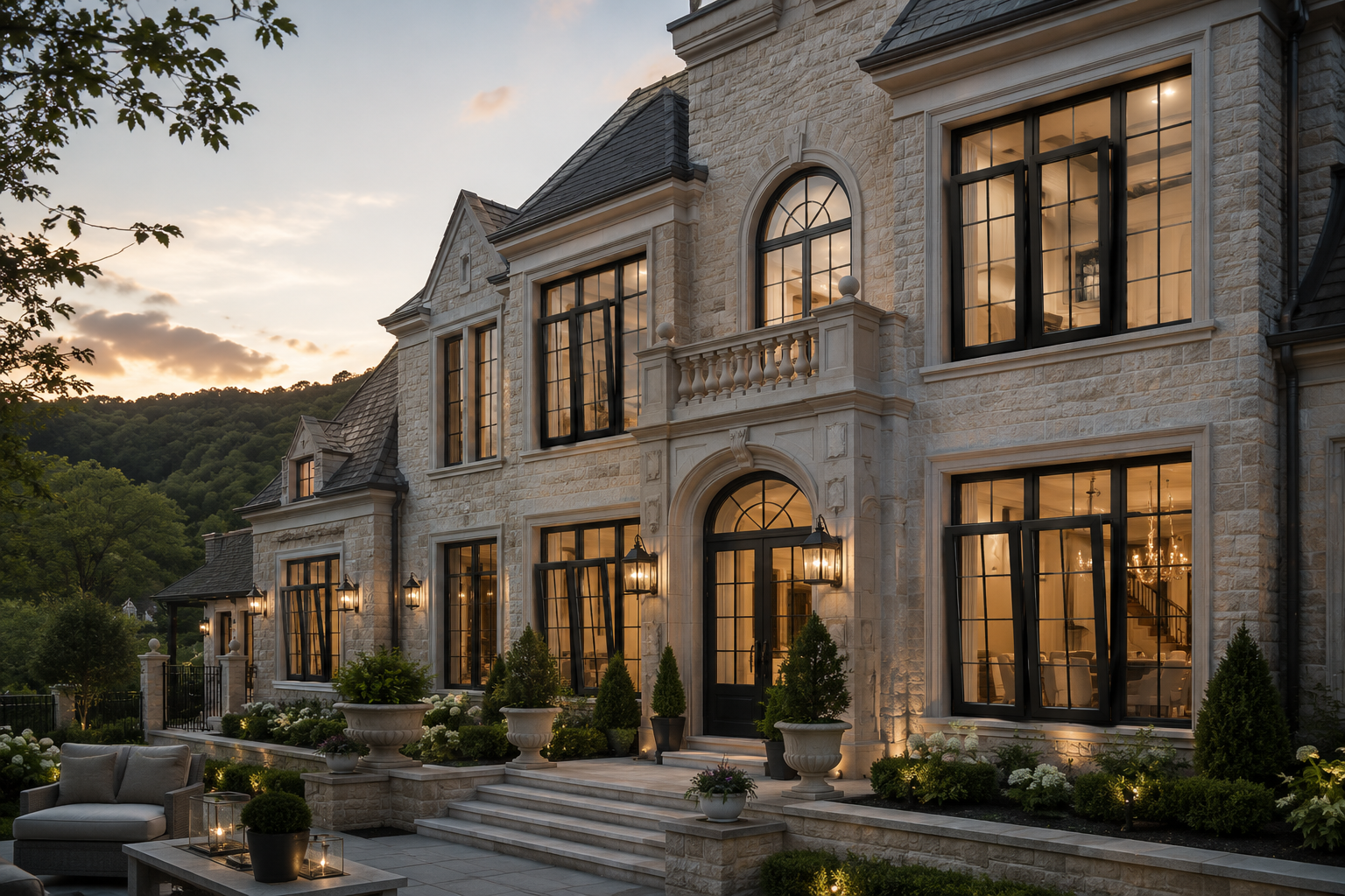 Architectural interior detail, slim aluminum window frame at corner, soft natural light, limestone-toned wall