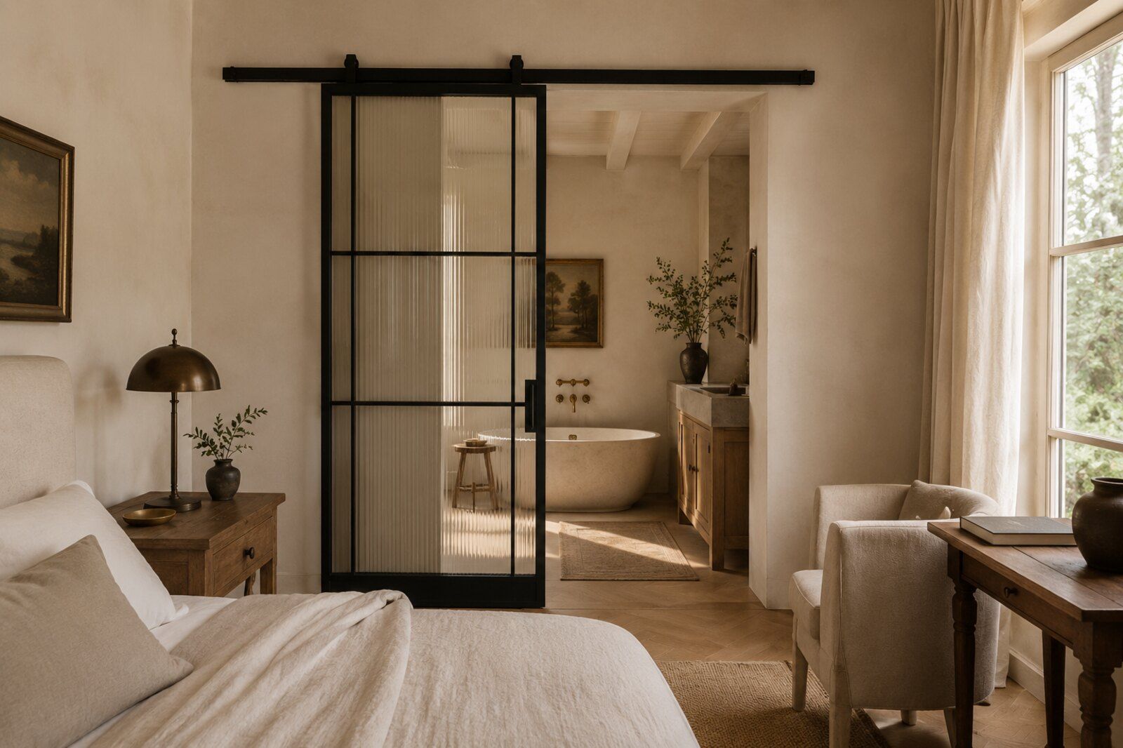 Aluminum barn door on an exposed track across a stone wall