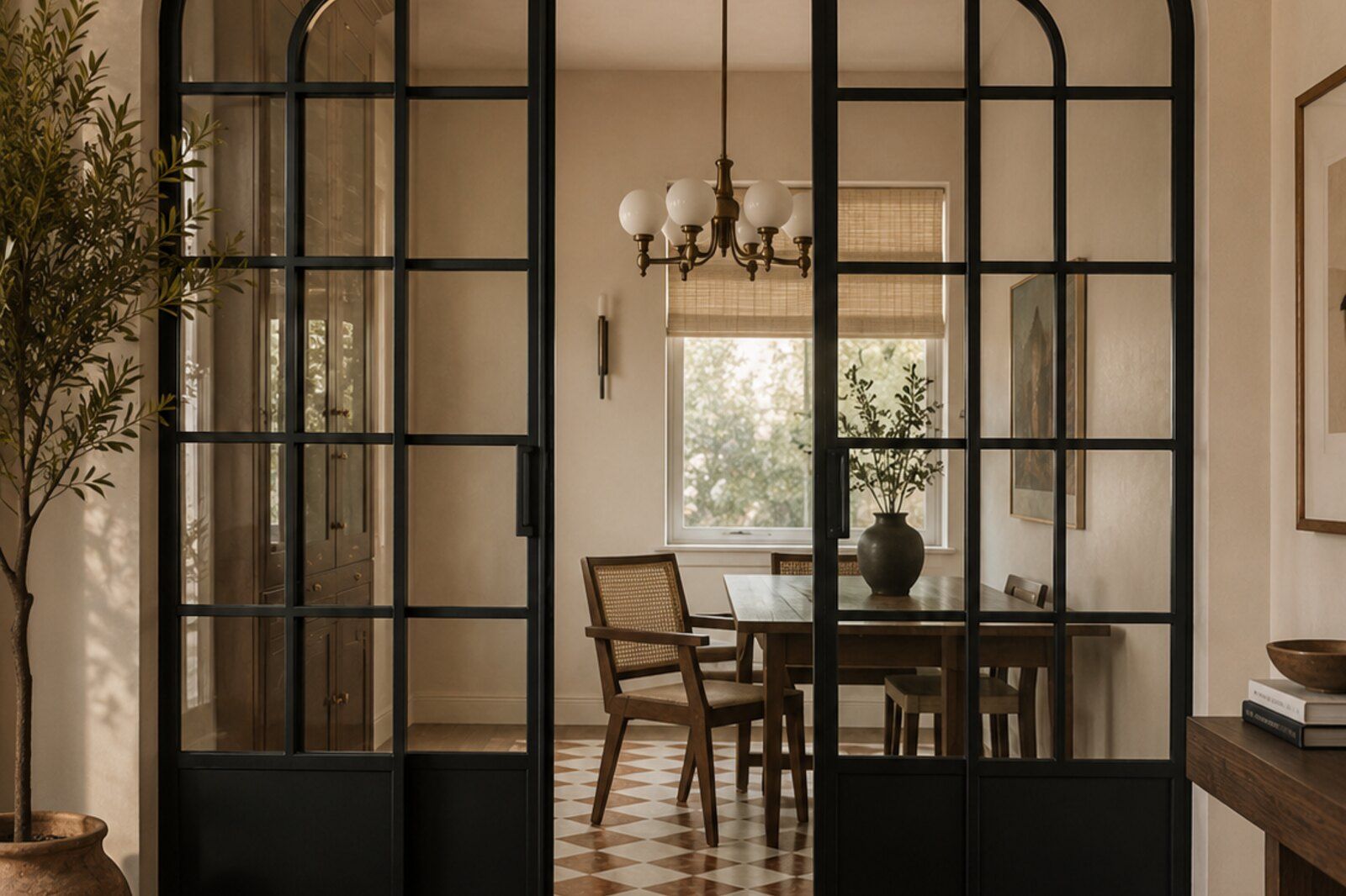 Pair of interior French doors with slim divided-lite aluminum frame