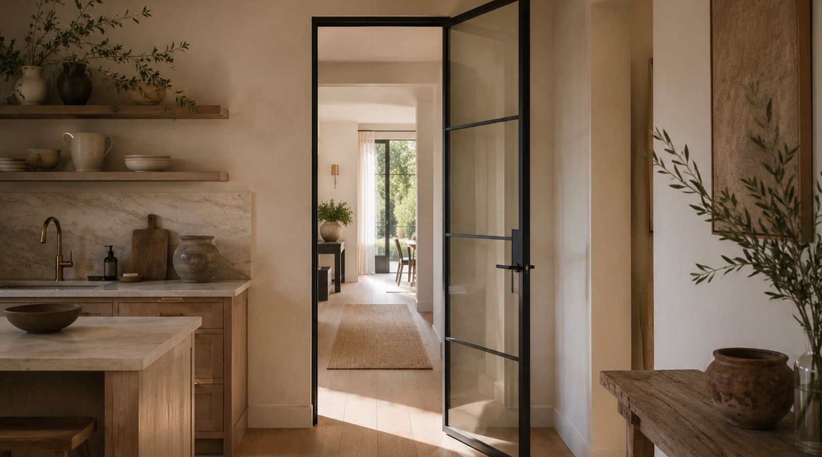 Slim aluminum-framed interior glass partition door in a sunlit room