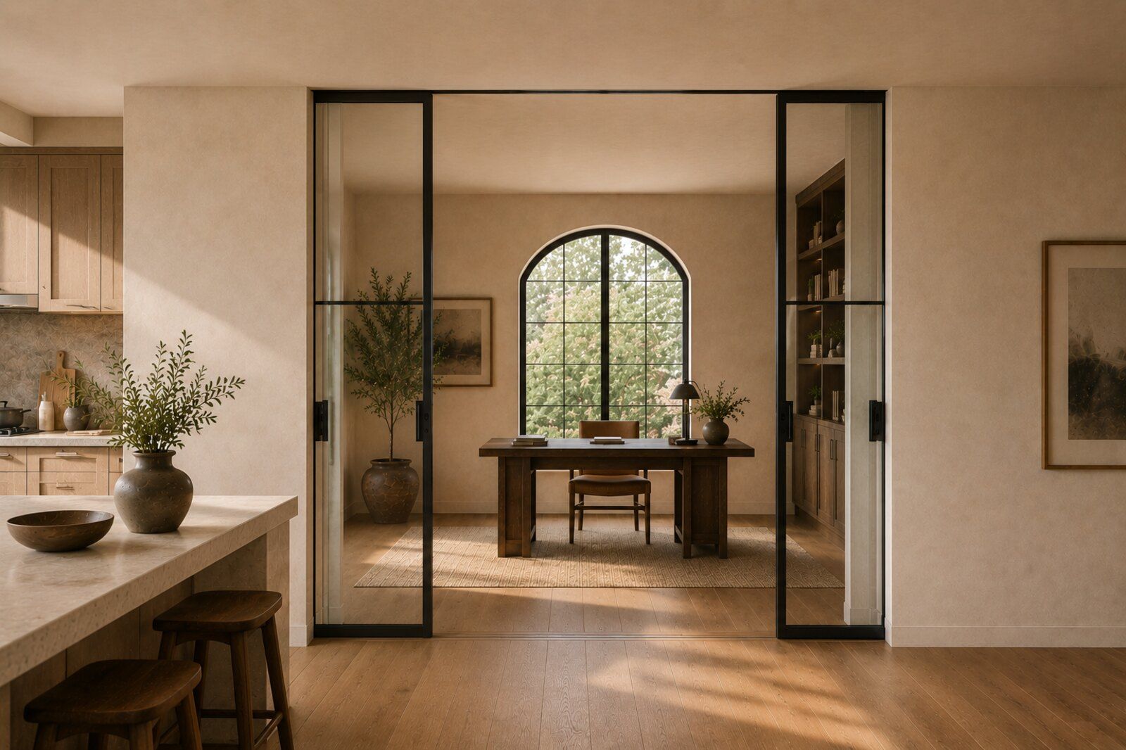 Slim black aluminum sliding glass doors on a flush ceiling track dividing a warm kitchen from a study, oak floor, soft daylight