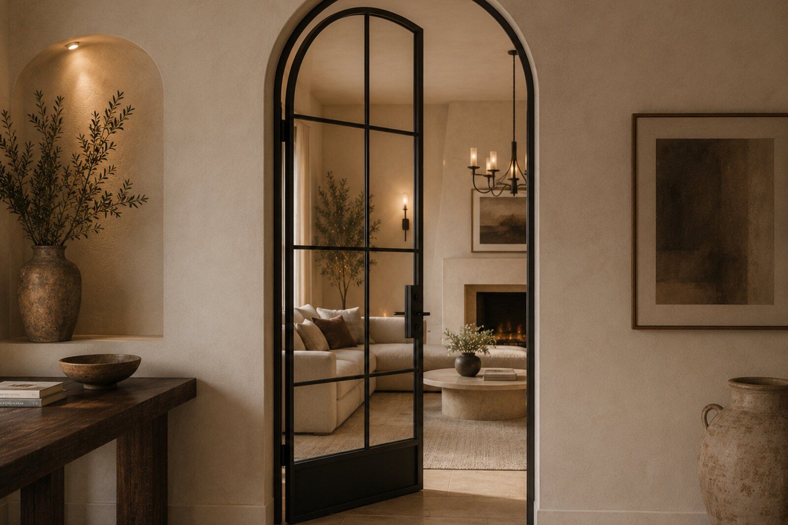 Single arched swing interior door in slim black aluminum frame opening to a warm fireside living room