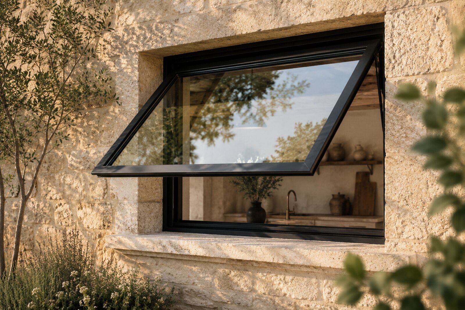 Top-hinged aluminum awning window cranked outward over a stone sill, warm late-afternoon light